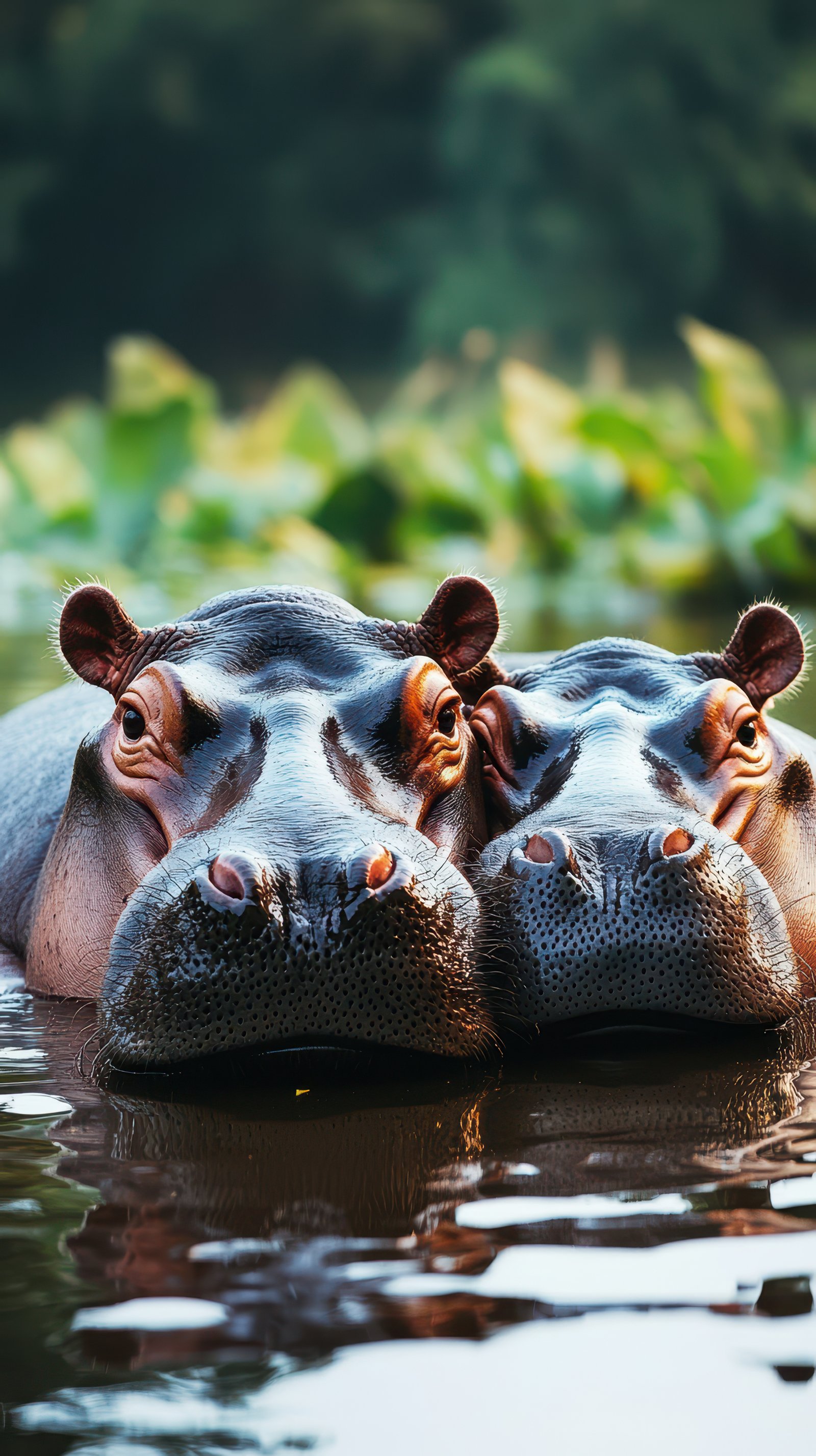 Two hippos lounging together in calm water surrounded by lush greenery during golden hour